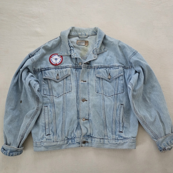 Vintage Wrangler Hero Light Wash Denim Jacket Corvette Patch Eagle Large - Picture 1 of 11